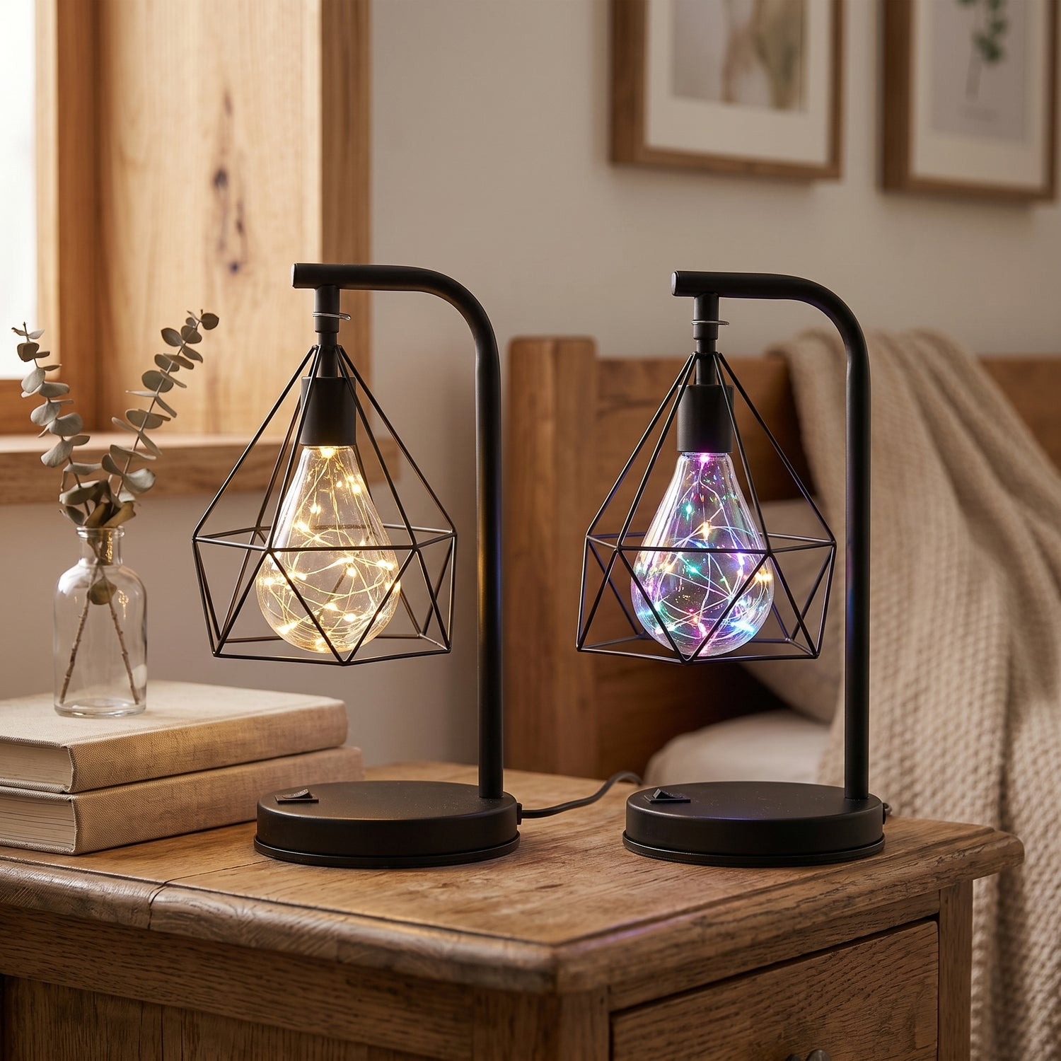 Close-up of modern accent lamp showing matte texture and warm glow in cozy living space.