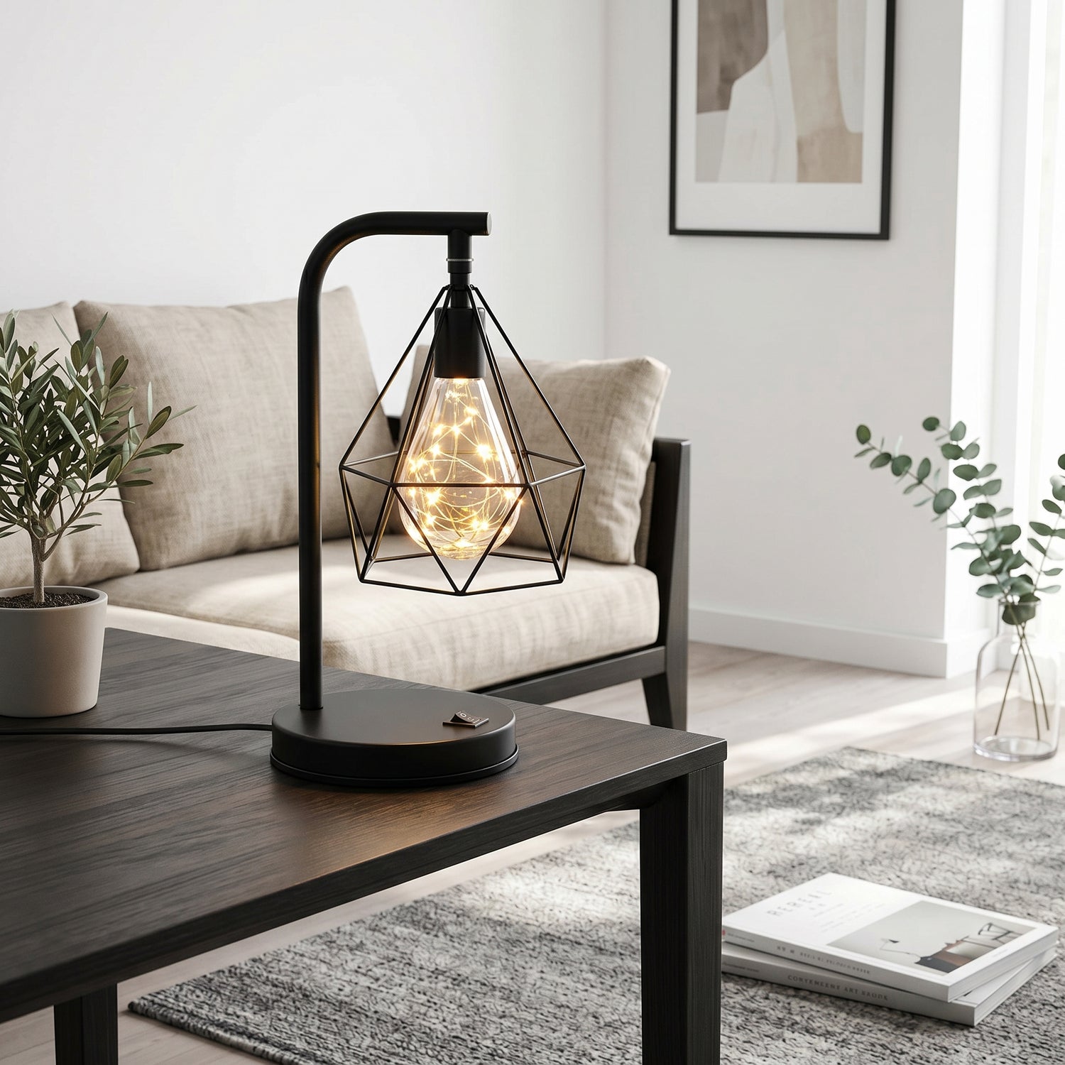 Full-body shot of modern accent lamp on side table in contemporary living room with natural daylight.