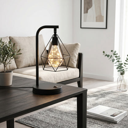 Full-body shot of modern accent lamp on side table in contemporary living room with natural daylight.