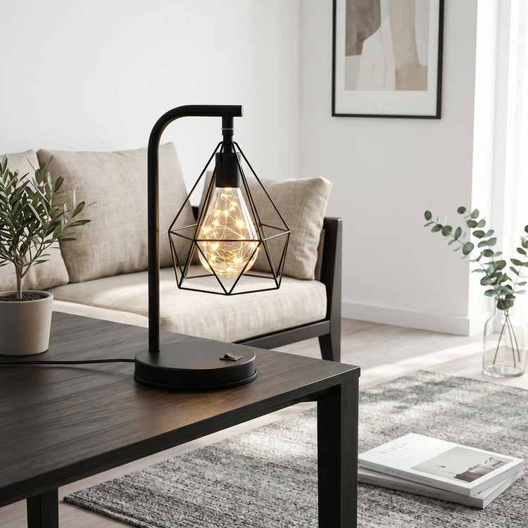 Full-body shot of modern accent lamp on side table in contemporary living room with natural daylight.
