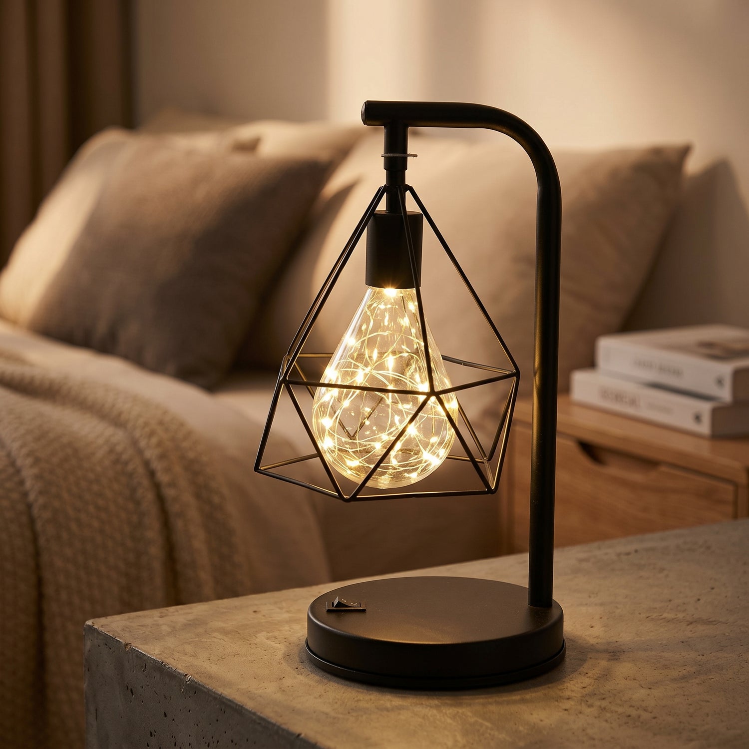 Side profile of modern accent lamp on textured surface in warm-lit bedroom or lounge corner.